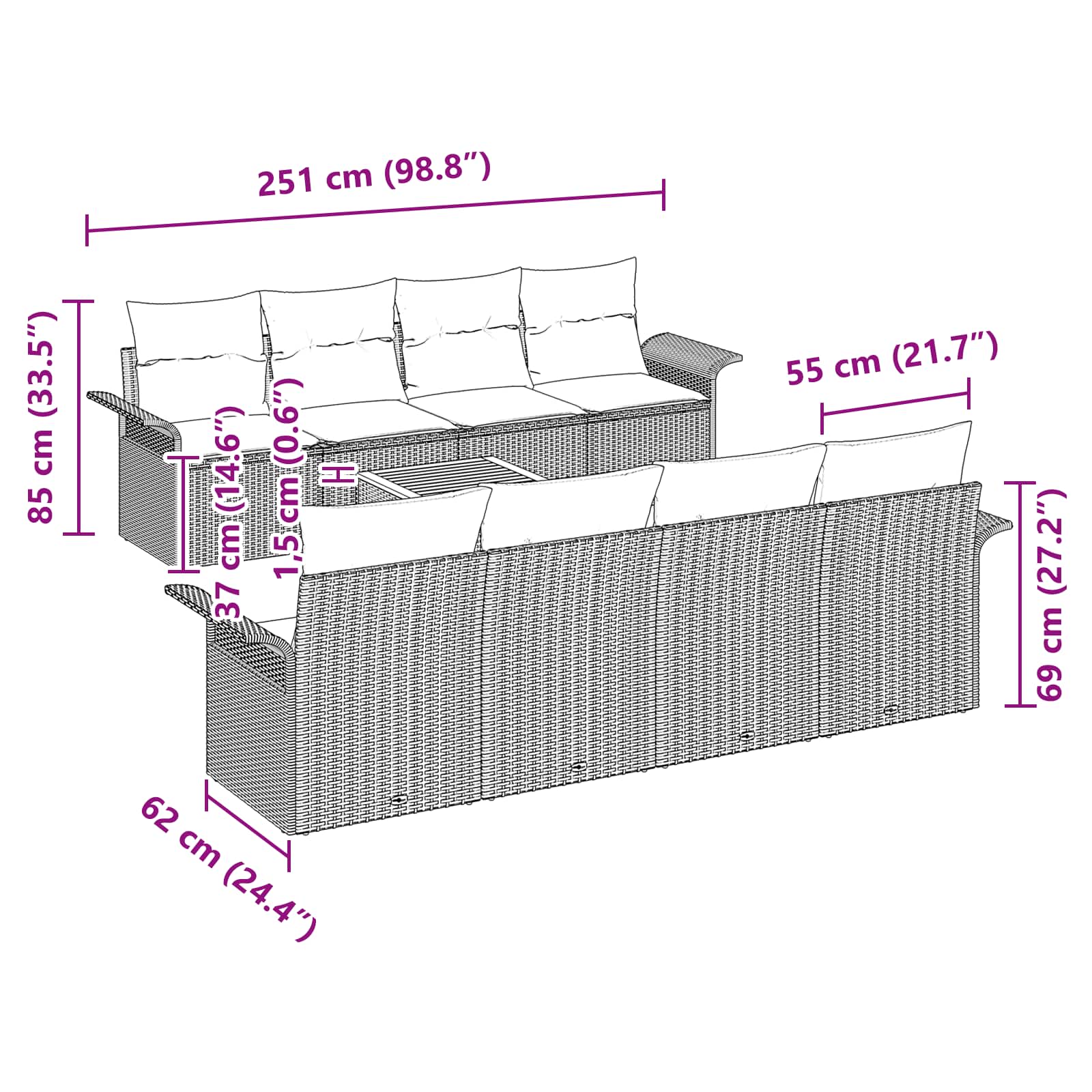Set Divano da Giardino con cuscino 9 pcs Nero polyrattan | homemem39