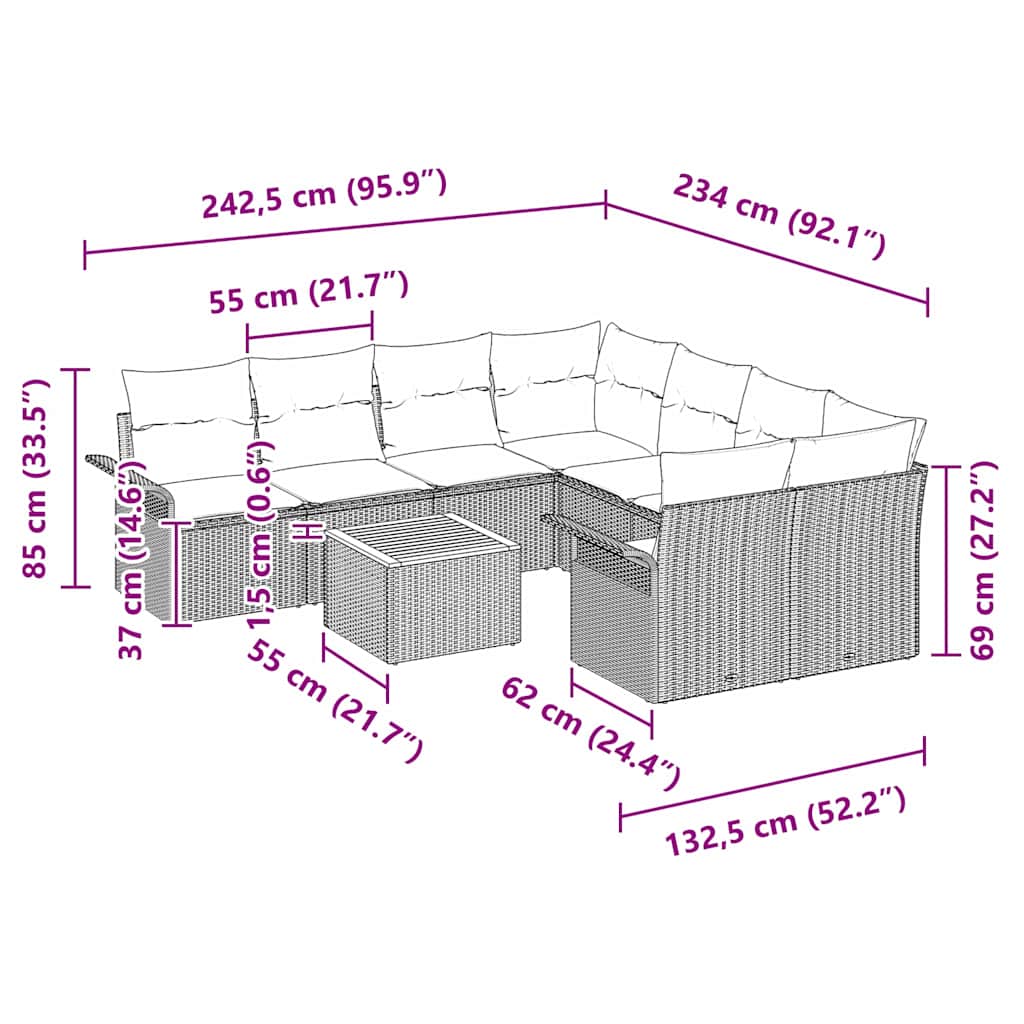Set Divano da Giardino con cuscino 9 pcs Nero polyrattan | homemem39