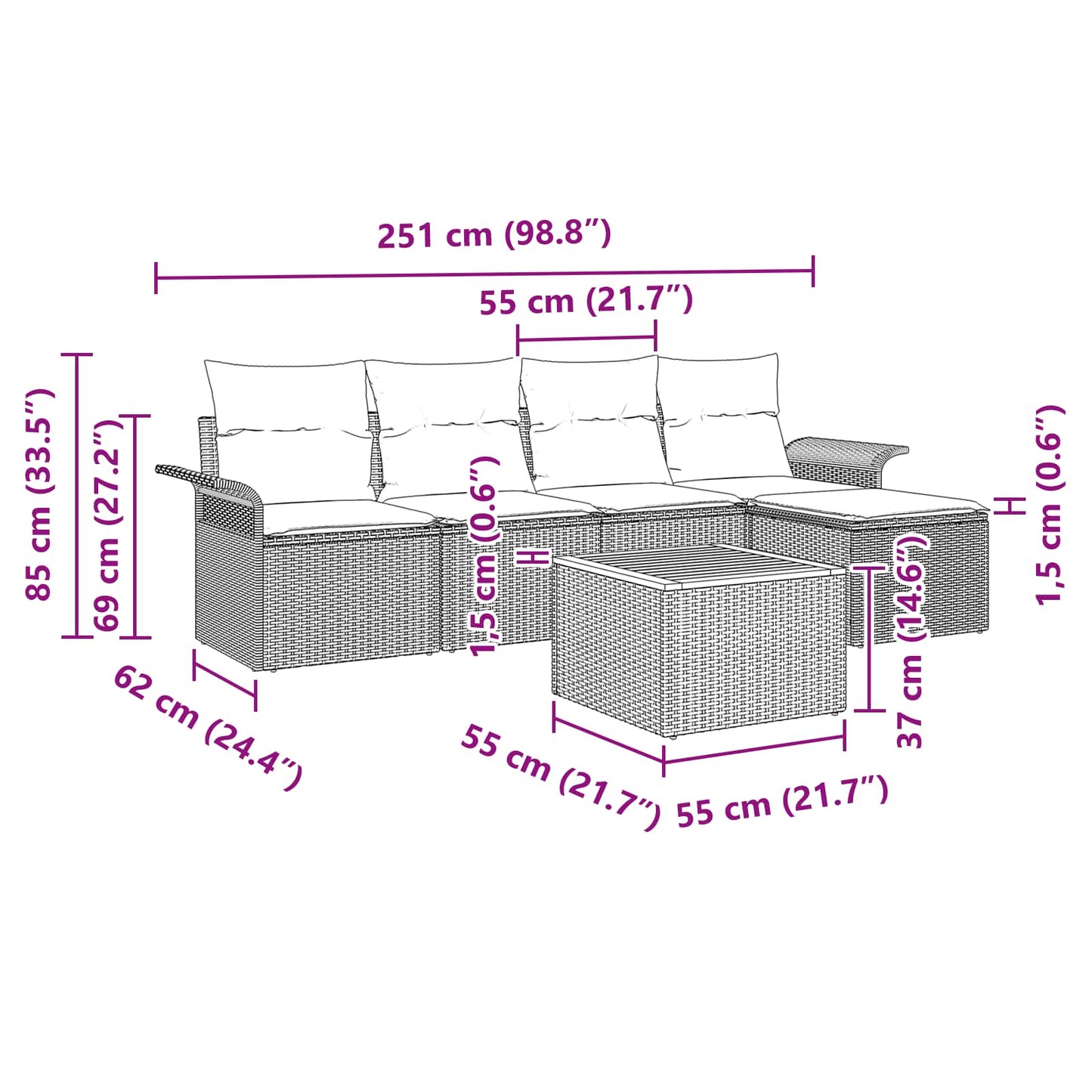 Set Divano da Giardino con cuscino 6 pcs Nero polyrattan | homemem39