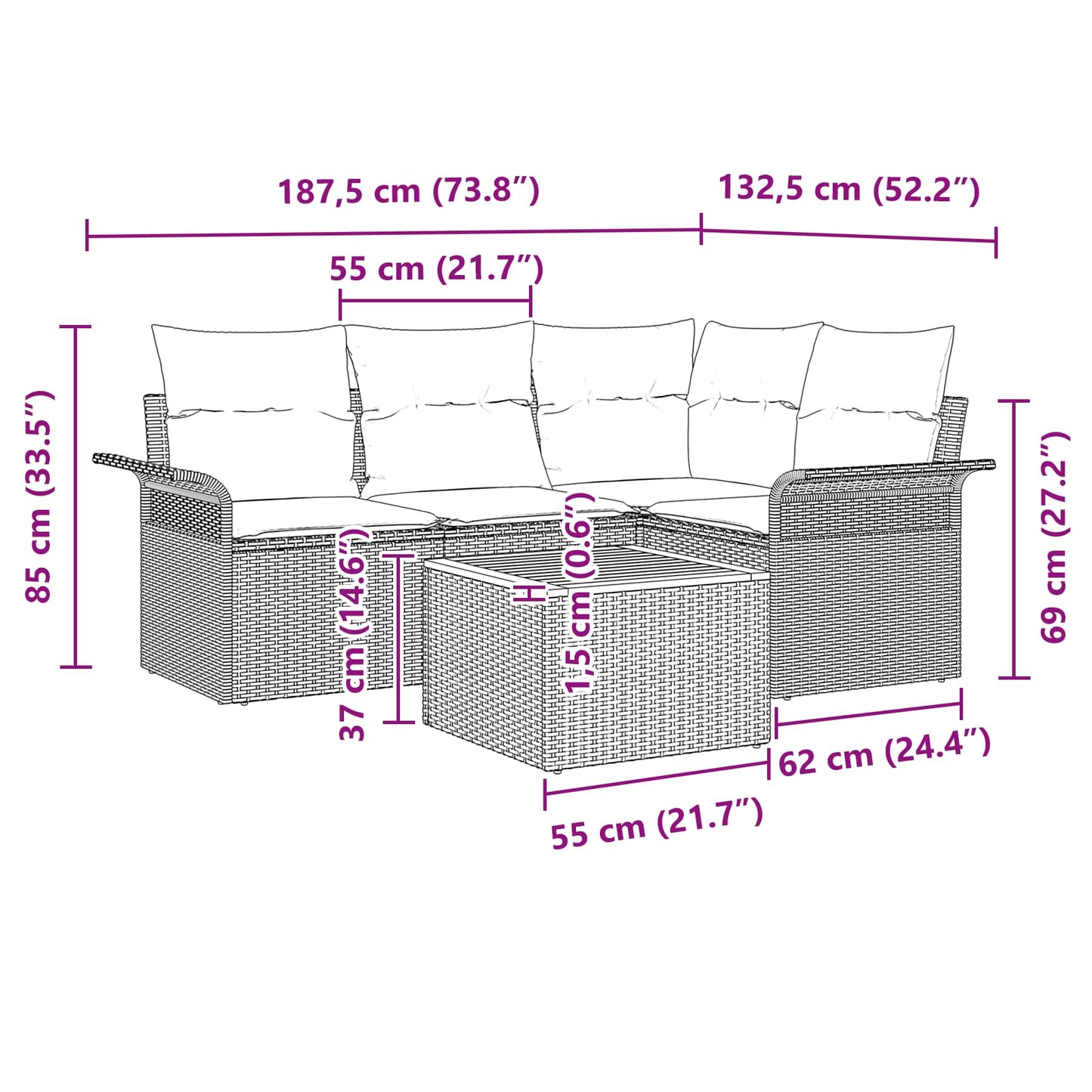 Set Divano da Giardino con cuscino 5 pcs Nero polyrattan | homemem39