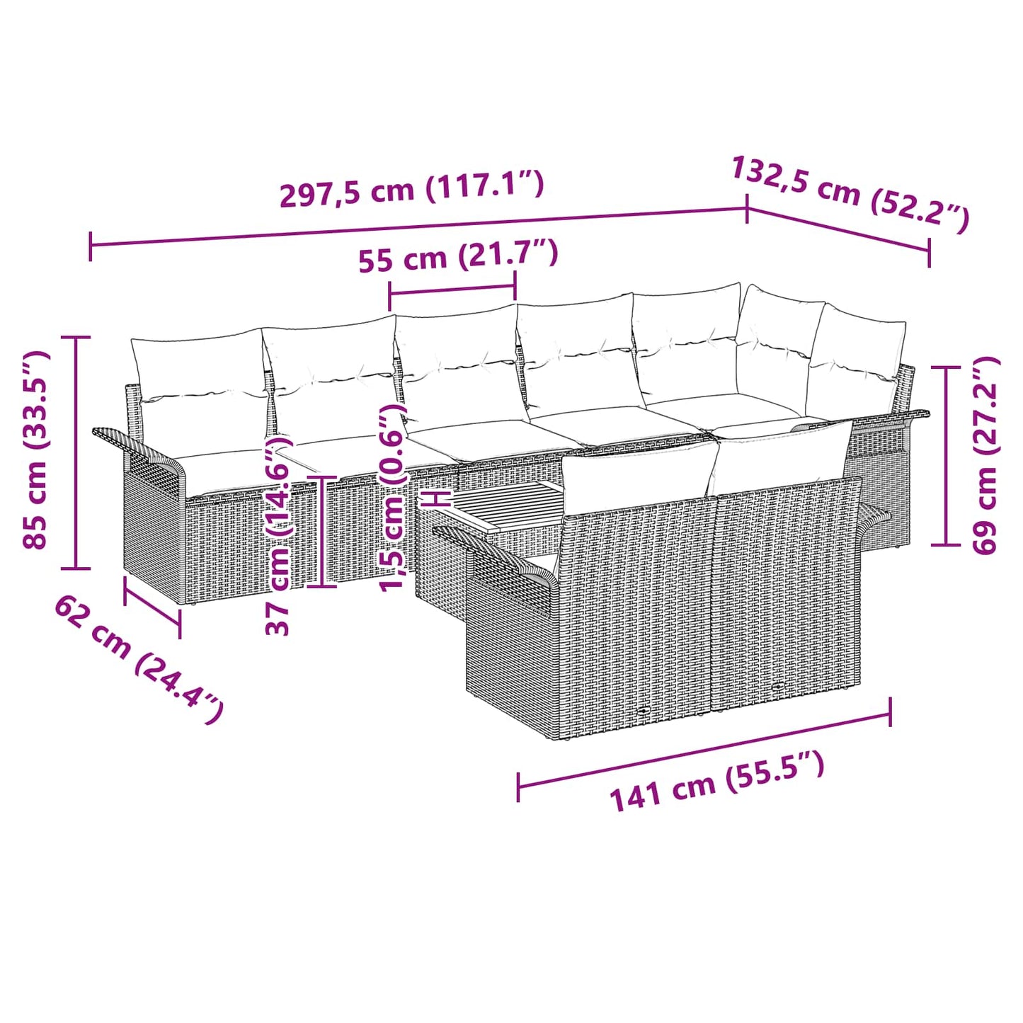 Set Divano da Giardino con cuscino 9 pcs Nero polyrattan | homemem39
