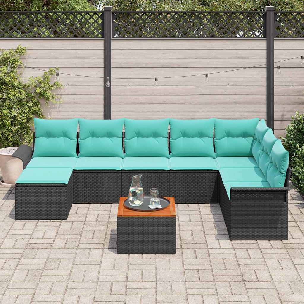 Set Divano da Giardino con cuscino 9 pcs Nero polyrattan | homemem39