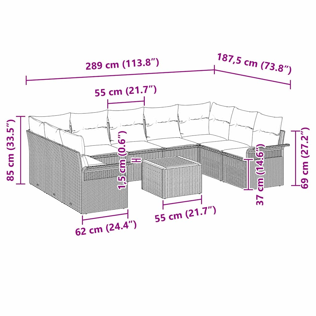 Set Divano da Giardino con cuscino 10 pcs Grigio polyrattan | homemem39