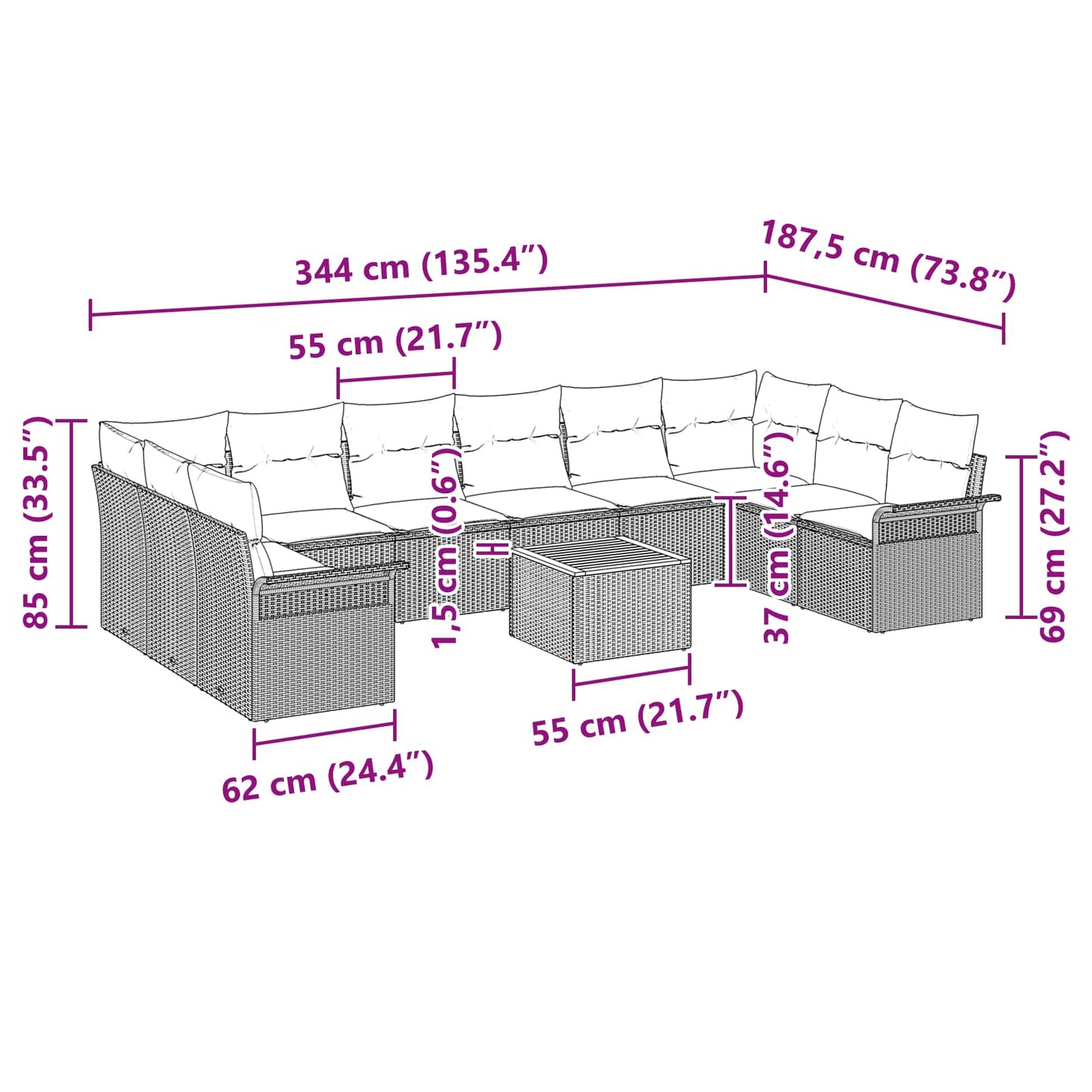 Set Divano da Giardino con cuscino 11 pcs Nero polyrattan | homemem39