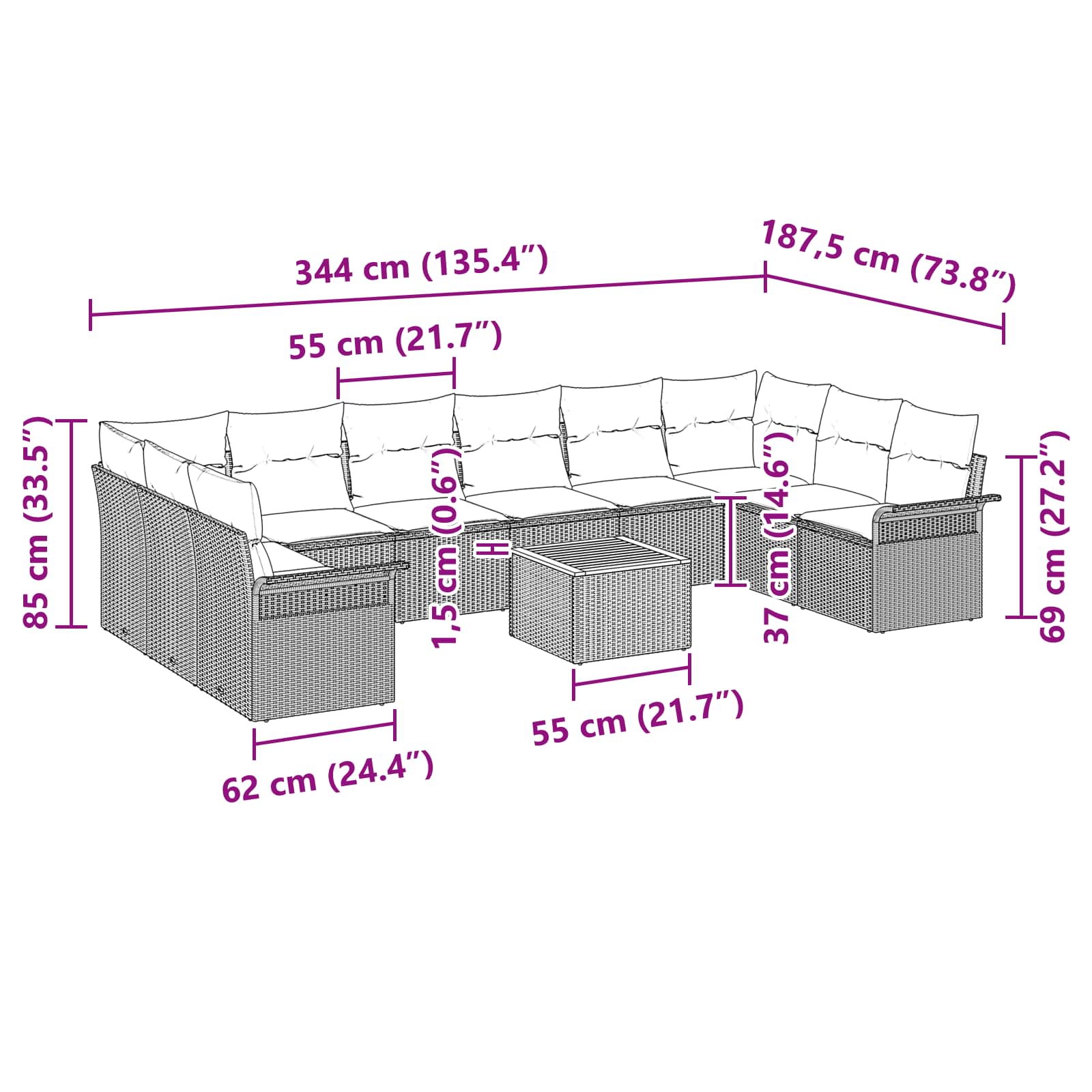 Set Divano da Giardino con cuscino 11 pcs Nero polyrattan | homemem39