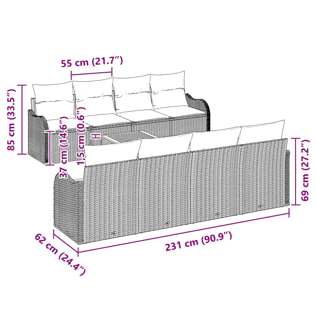 Set Divano da Giardino con cuscino 9 pcs Beige polyrattan | homemem39