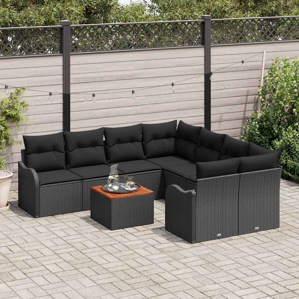 Set Divano da Giardino con cuscino 9 pcs Nero polyrattan | homemem39