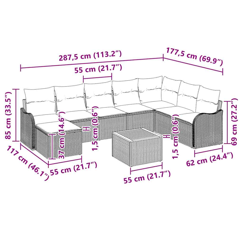 Set Divano da Giardino con cuscino 9 pcs Nero polyrattan | homemem39