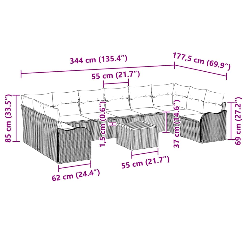 Set Divano da Giardino con cuscino 11 pcs Beige polyrattan | homemem39