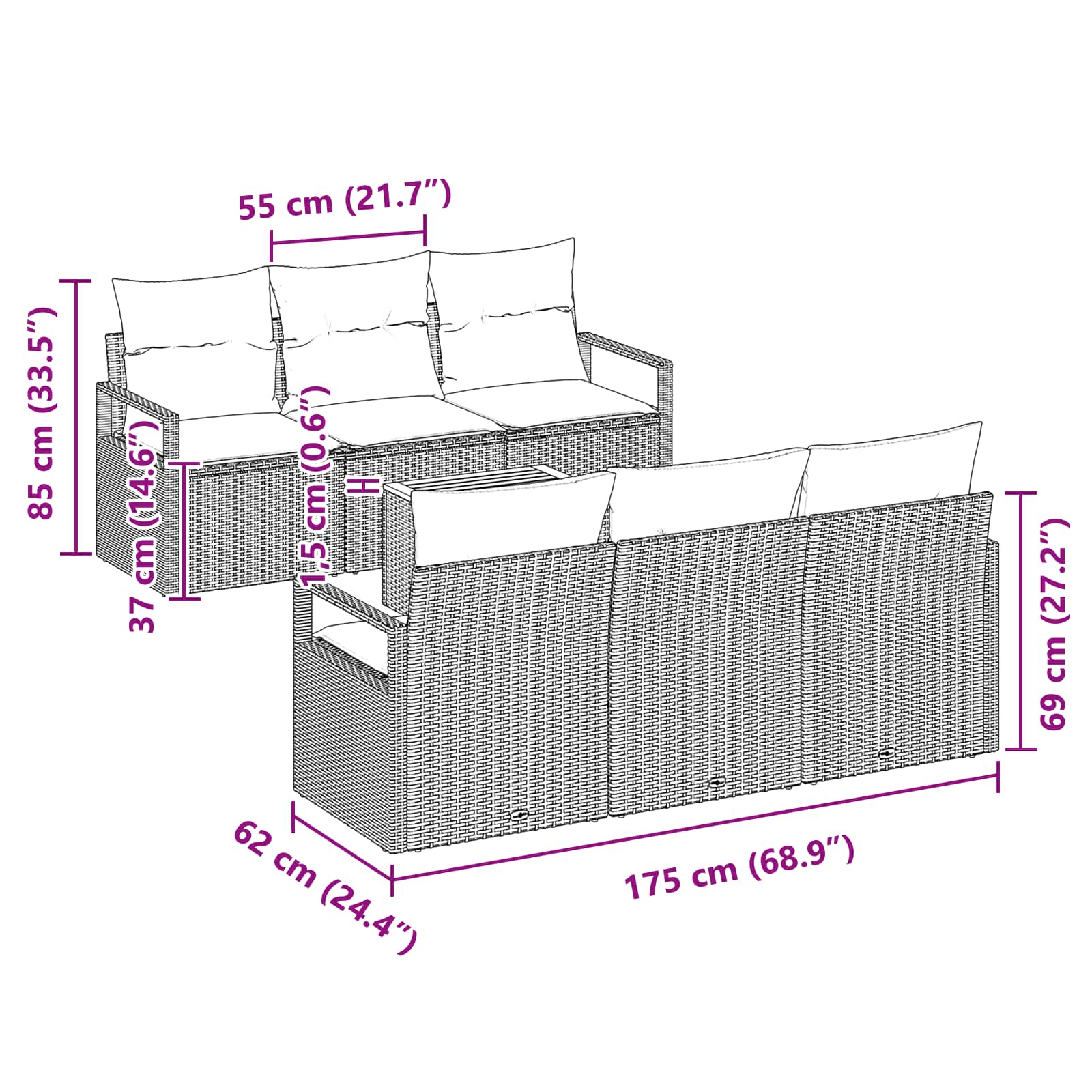 Set Divano da Giardino con cuscino 7 pcs Nero polyrattan | homemem39