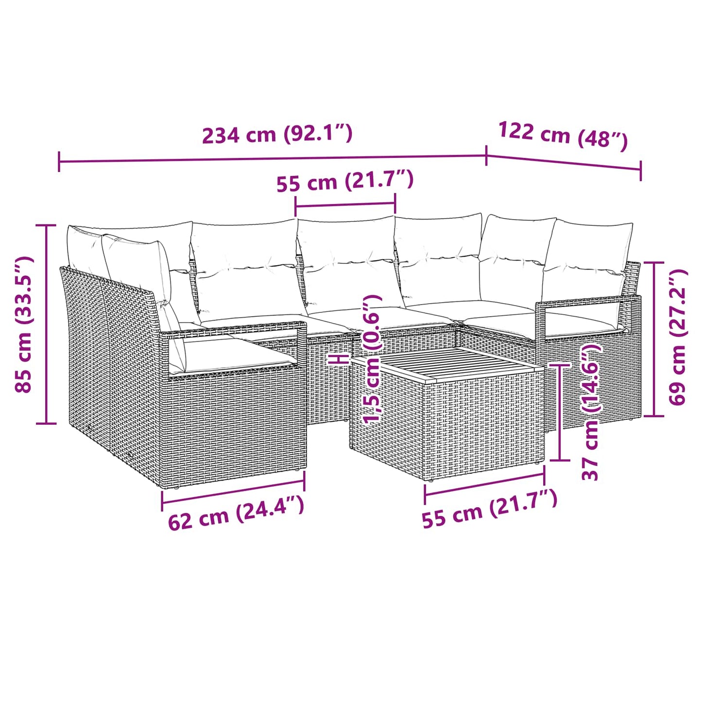 Set Divano da Giardino con cuscino 7 pcs Grigio polyrattan