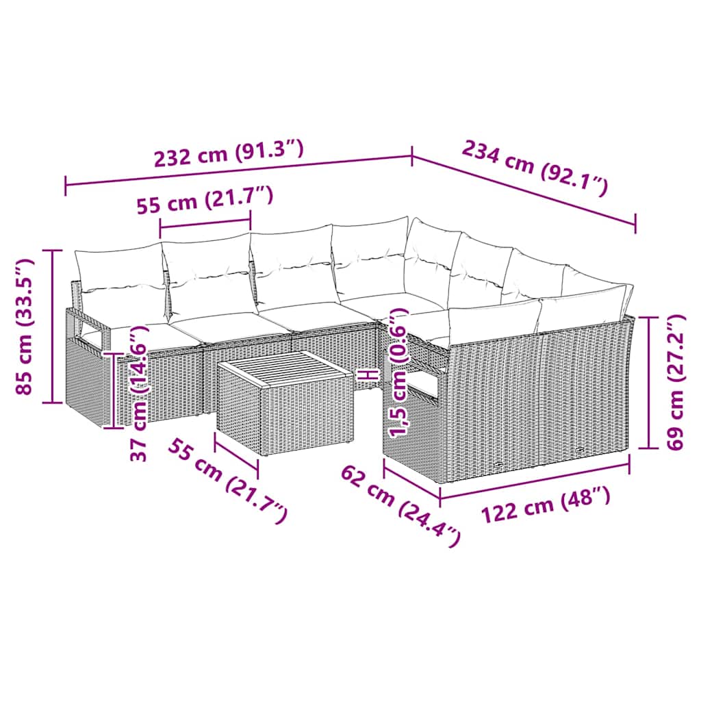 Set Divano da Giardino con cuscino 9 pcs Grigio polyrattan | homemem39