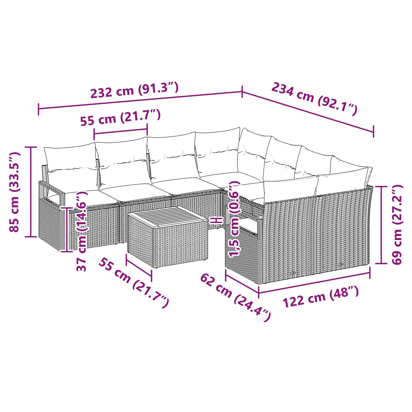 Set Divano da Giardino con cuscino 9 pcs Grigio polyrattan | homemem39