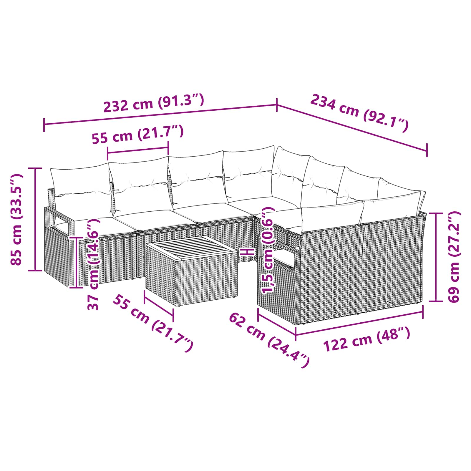 Set Divano da Giardino con cuscino 9 pcs Grigio polyrattan | homemem39