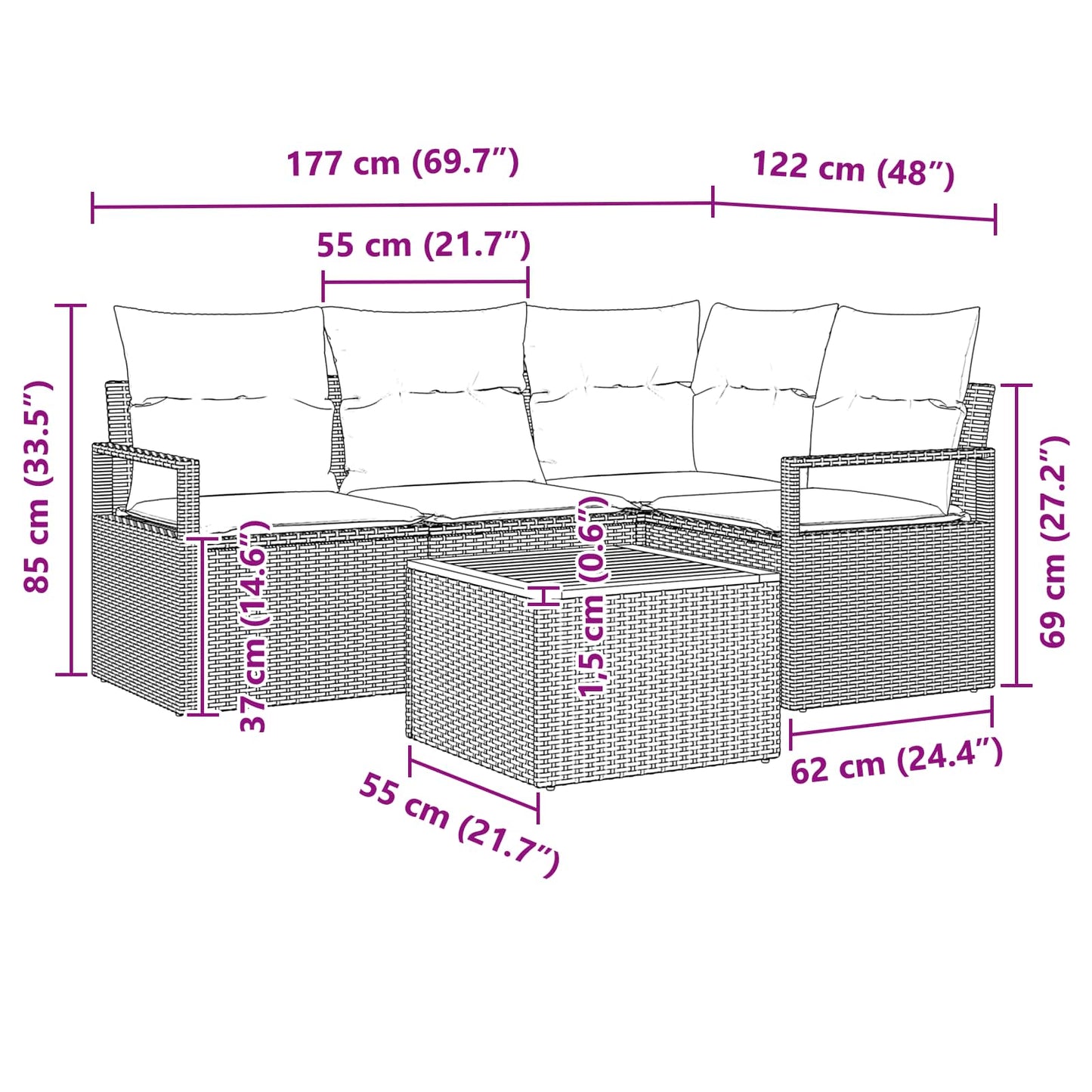 Set Divano da Giardino con cuscino 5 pcs Grigio polyrattan | homemem39