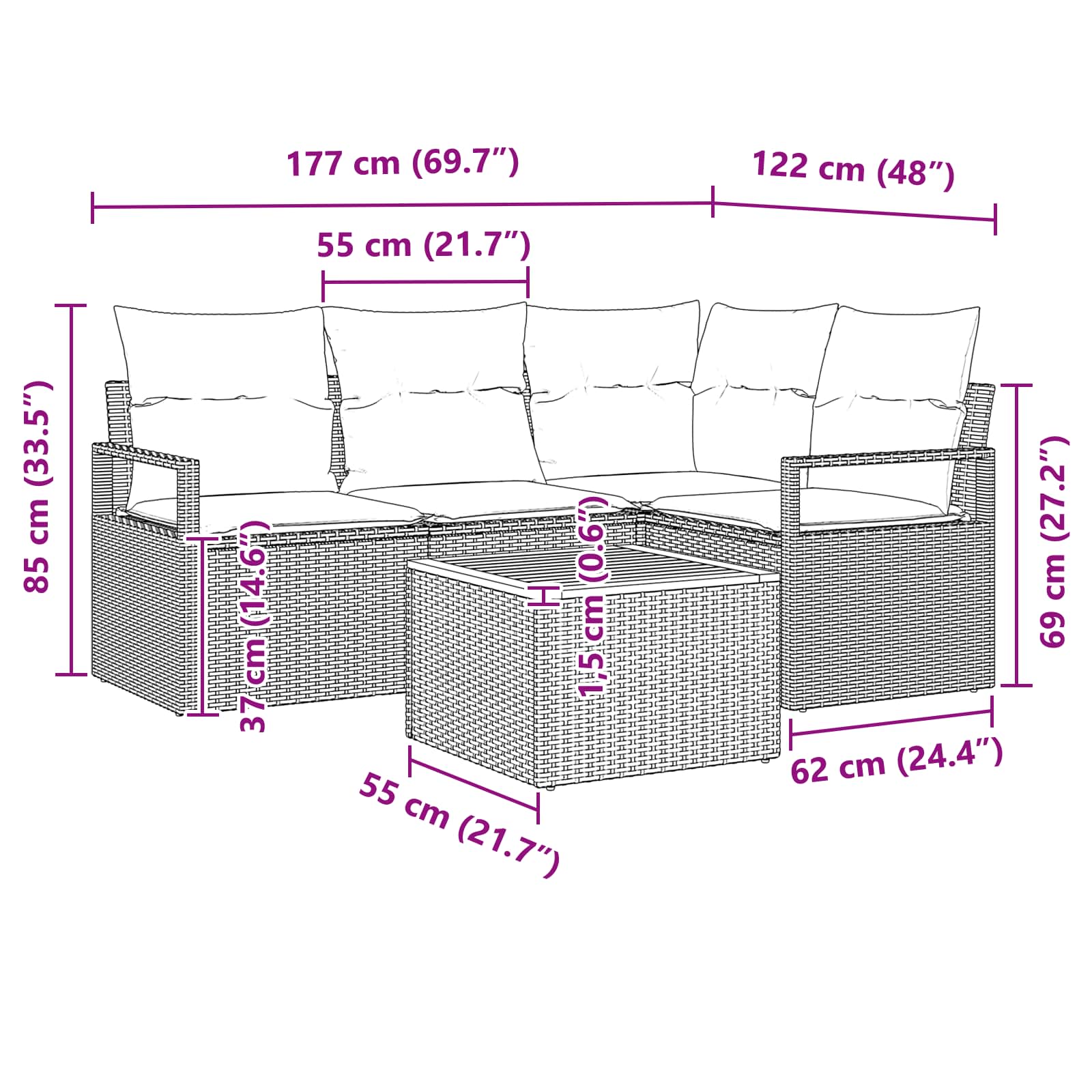 Set Divano da Giardino con cuscino 5 pcs Nero polyrattan | homemem39