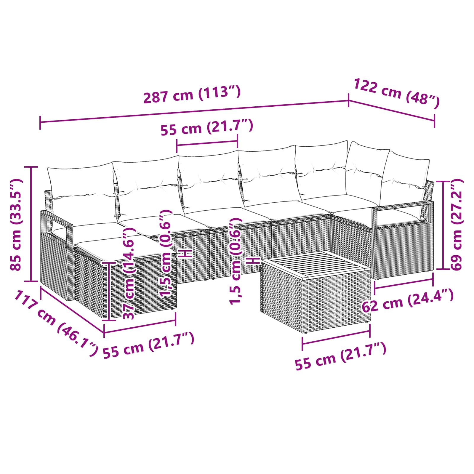 Set Divano da Giardino con cuscino 8 pcs Nero polyrattan | homemem39
