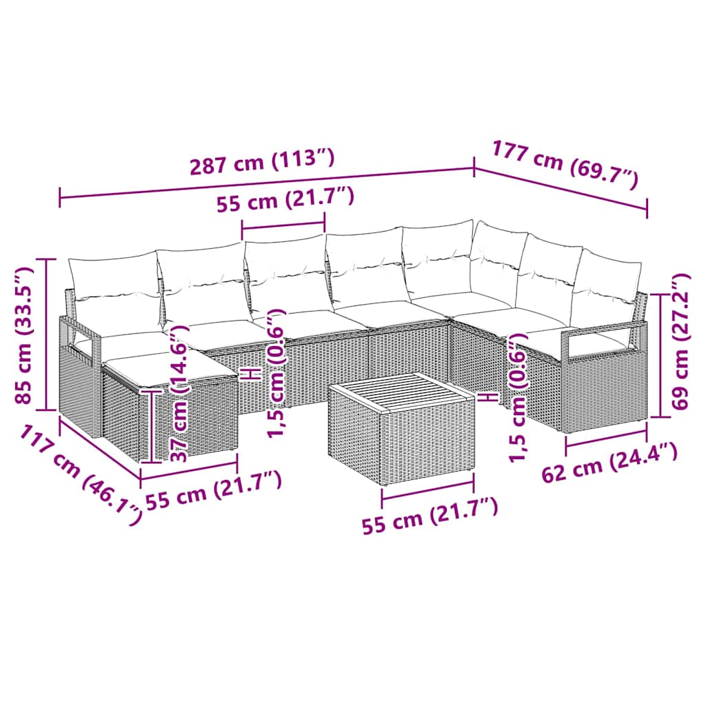 Set Divano da Giardino con cuscino 9 pcs Nero polyrattan | homemem39