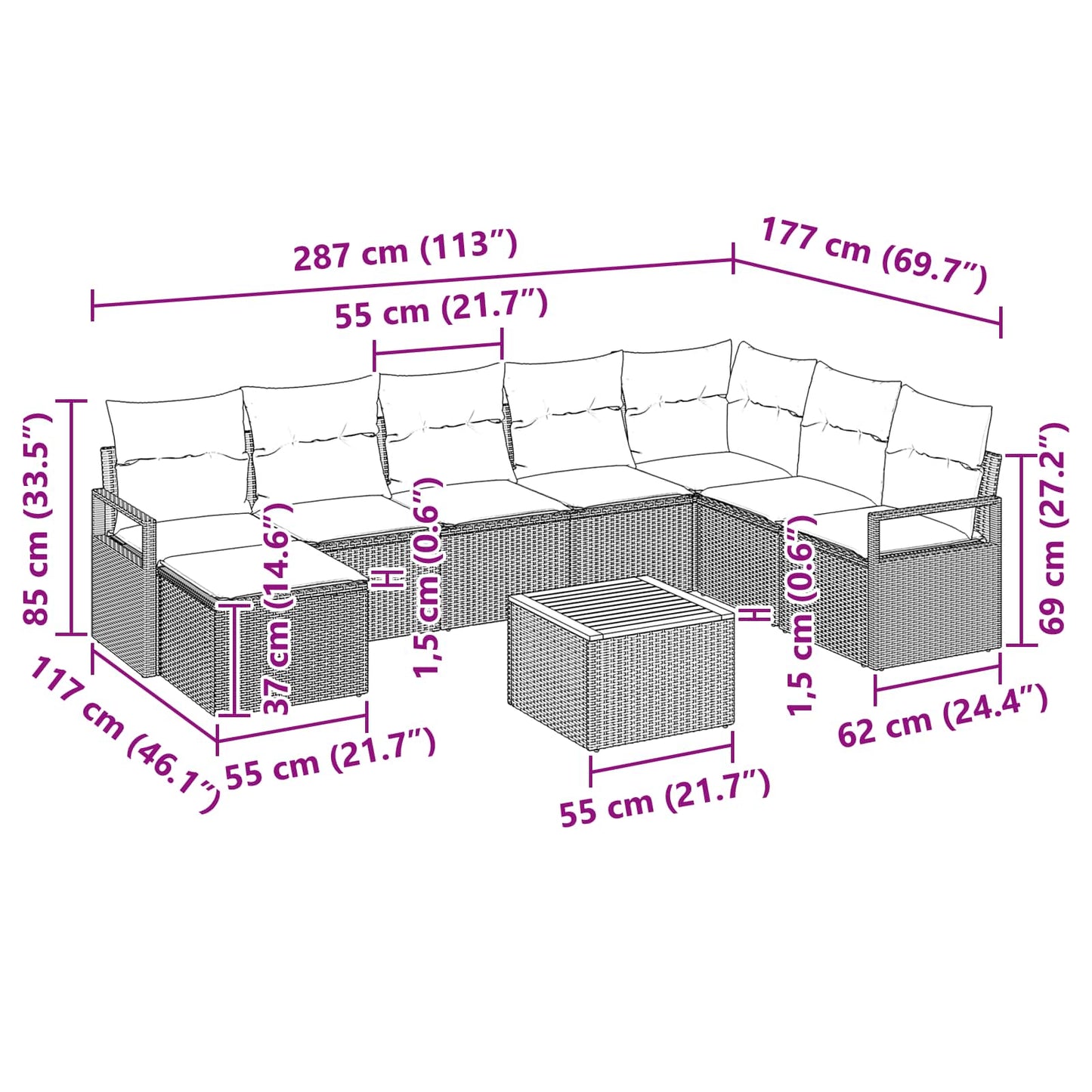 Set Divano da Giardino con cuscino 9 pcs Nero polyrattan | homemem39