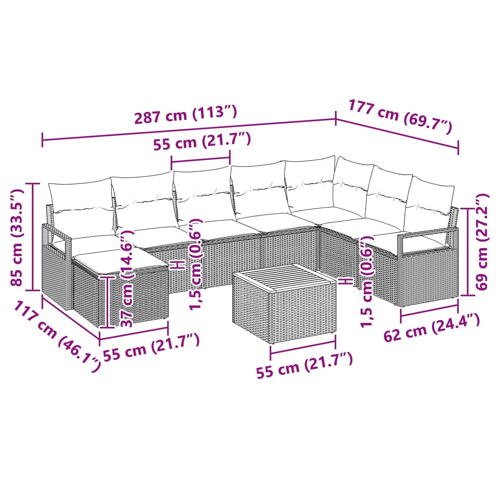 Set Divano da Giardino con cuscino 9 pcs Nero polyrattan | homemem39