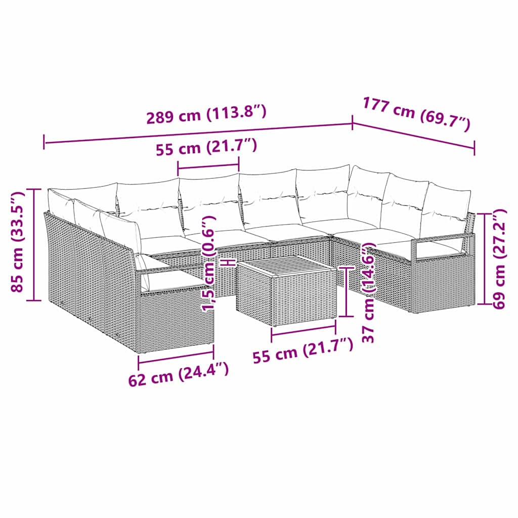 Set Divano da Giardino con cuscino 10 pcs Grigio polyrattan | homemem39