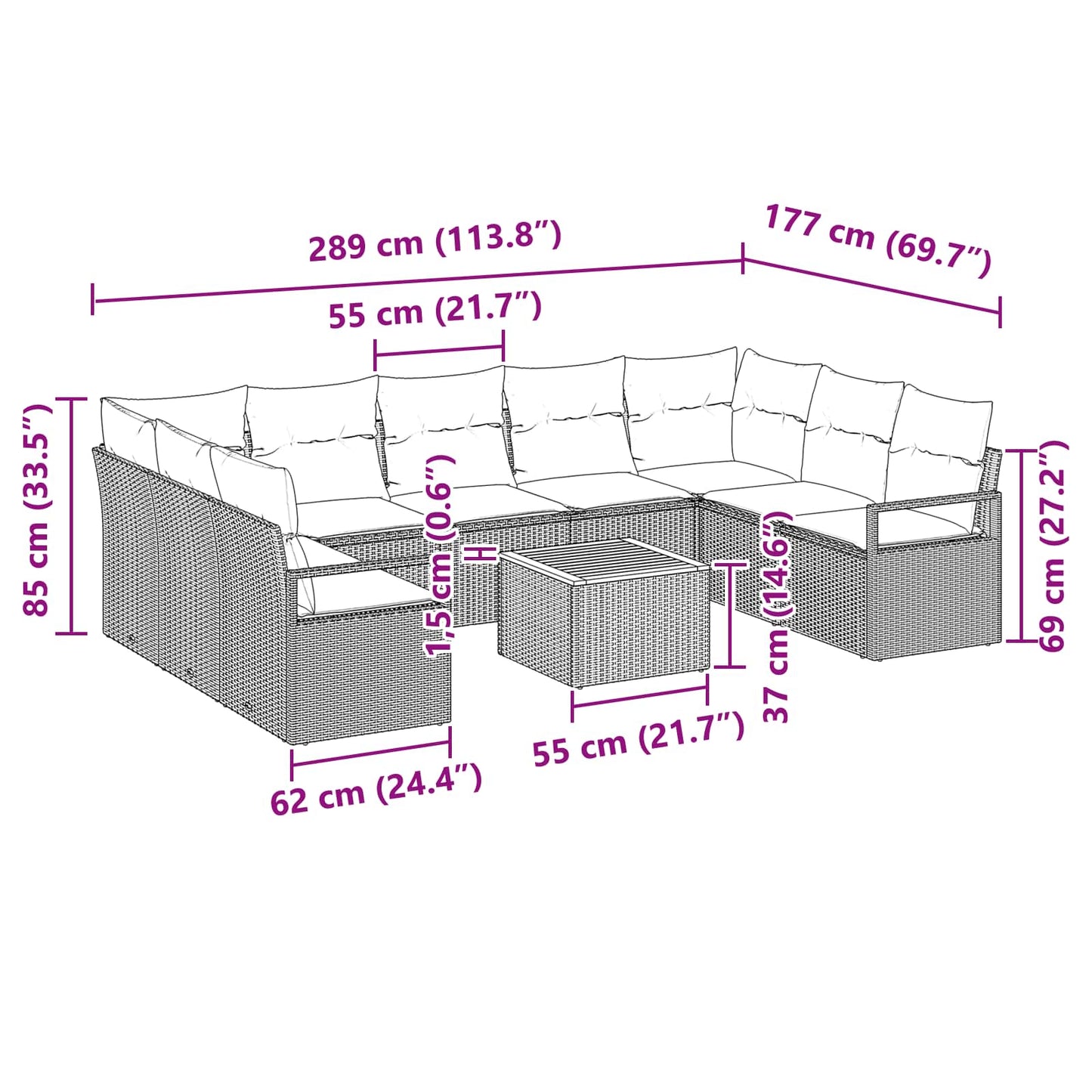 Set Divano da Giardino con cuscino 10 pcs Grigio polyrattan | homemem39