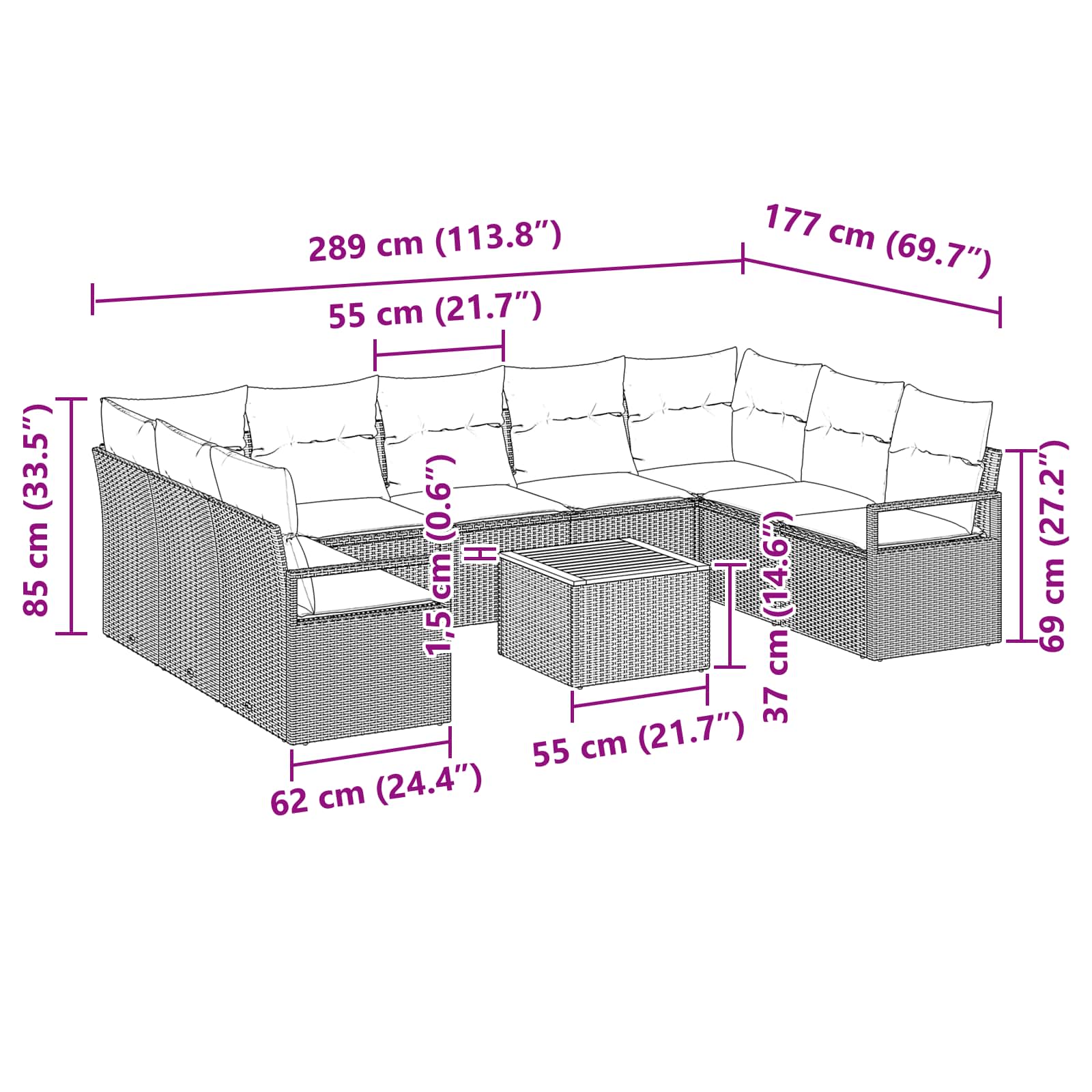 Set Divano da Giardino con cuscino 10 pcs Nero polyrattan | homemem39