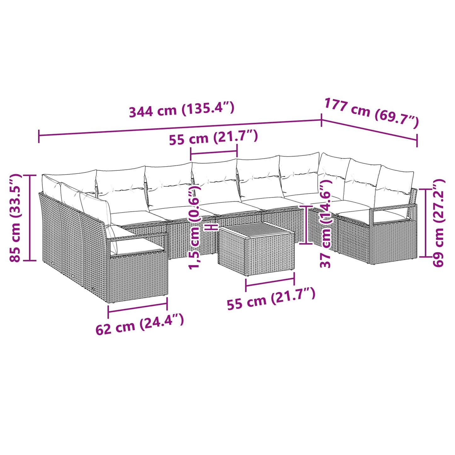 Set Divano da Giardino con cuscino 11 pcs Grigio polyrattan | homemem39