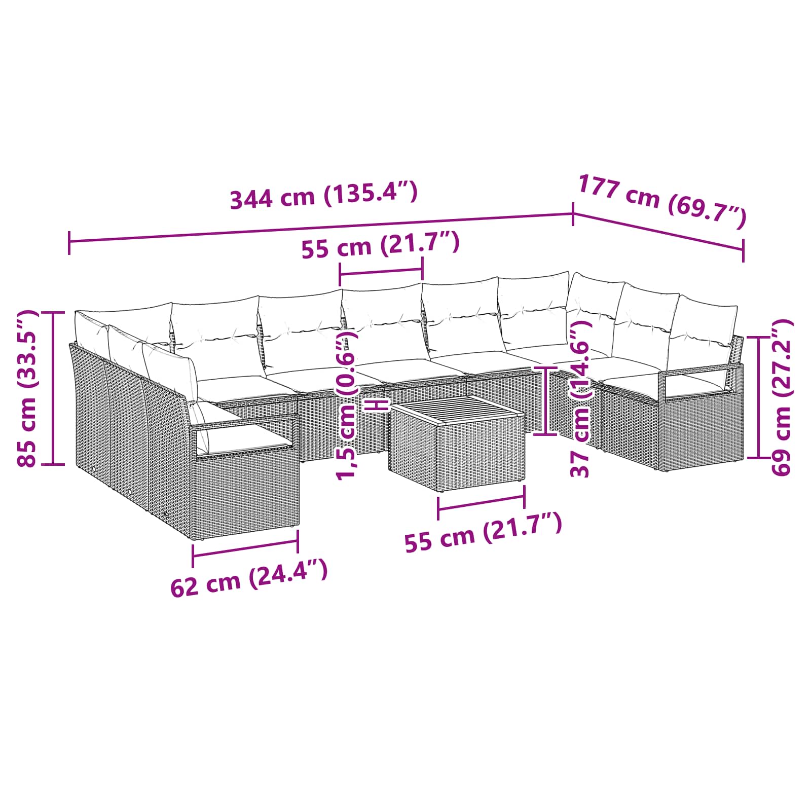 Set Divano da Giardino con cuscino 11 pcs Nero polyrattan | homemem39