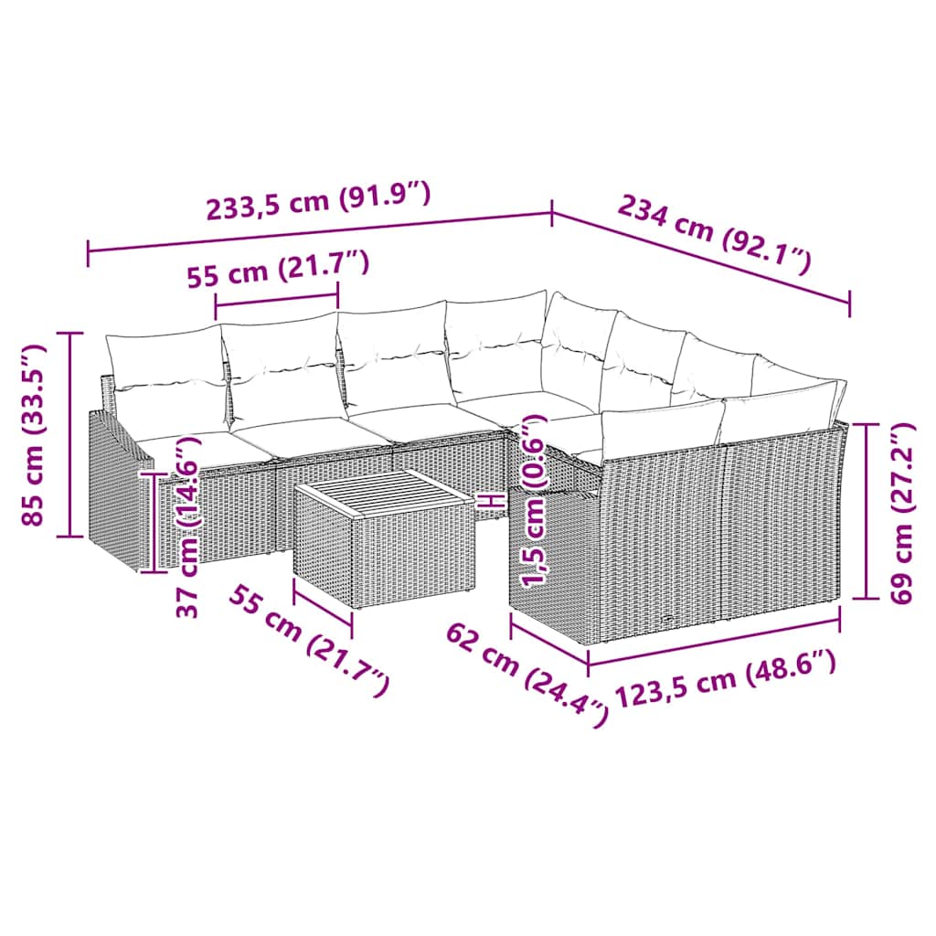 Set Divano da Giardino con cuscino 9 pcs Nero polyrattan | homemem39