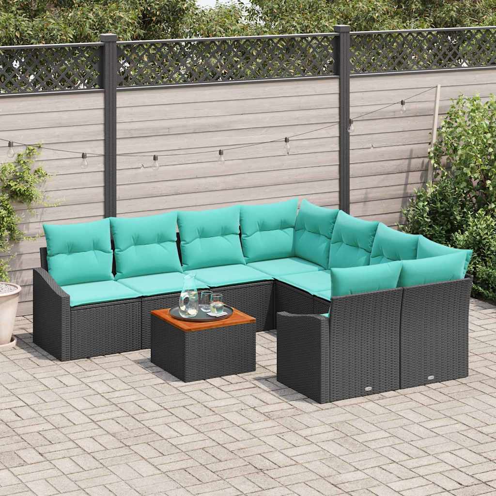 Set Divano da Giardino con cuscino 9 pcs Nero polyrattan | homemem39
