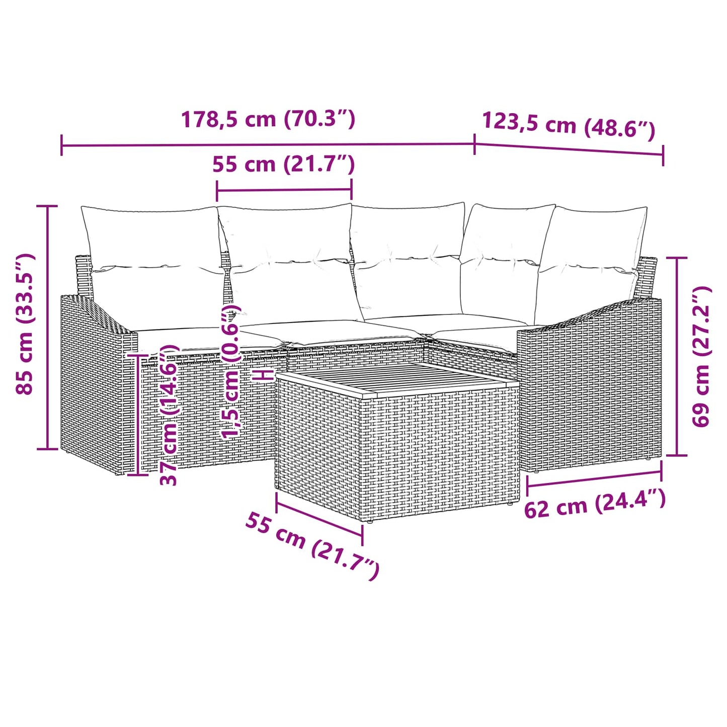Set Divano da Giardino con cuscino 5 pcs Nero polyrattan | homemem39