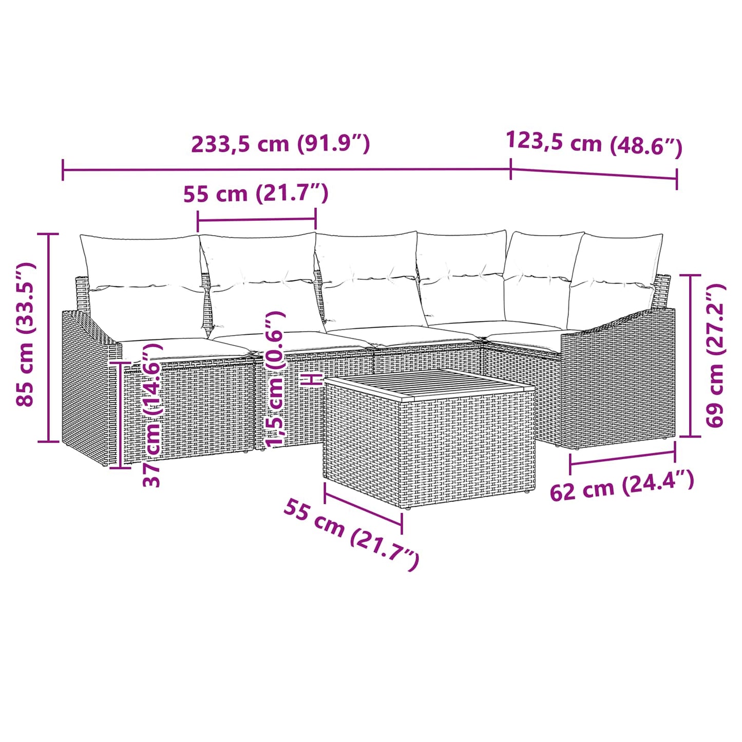 Set Divano da Giardino con cuscino 6 pcs Nero polyrattan | homemem39