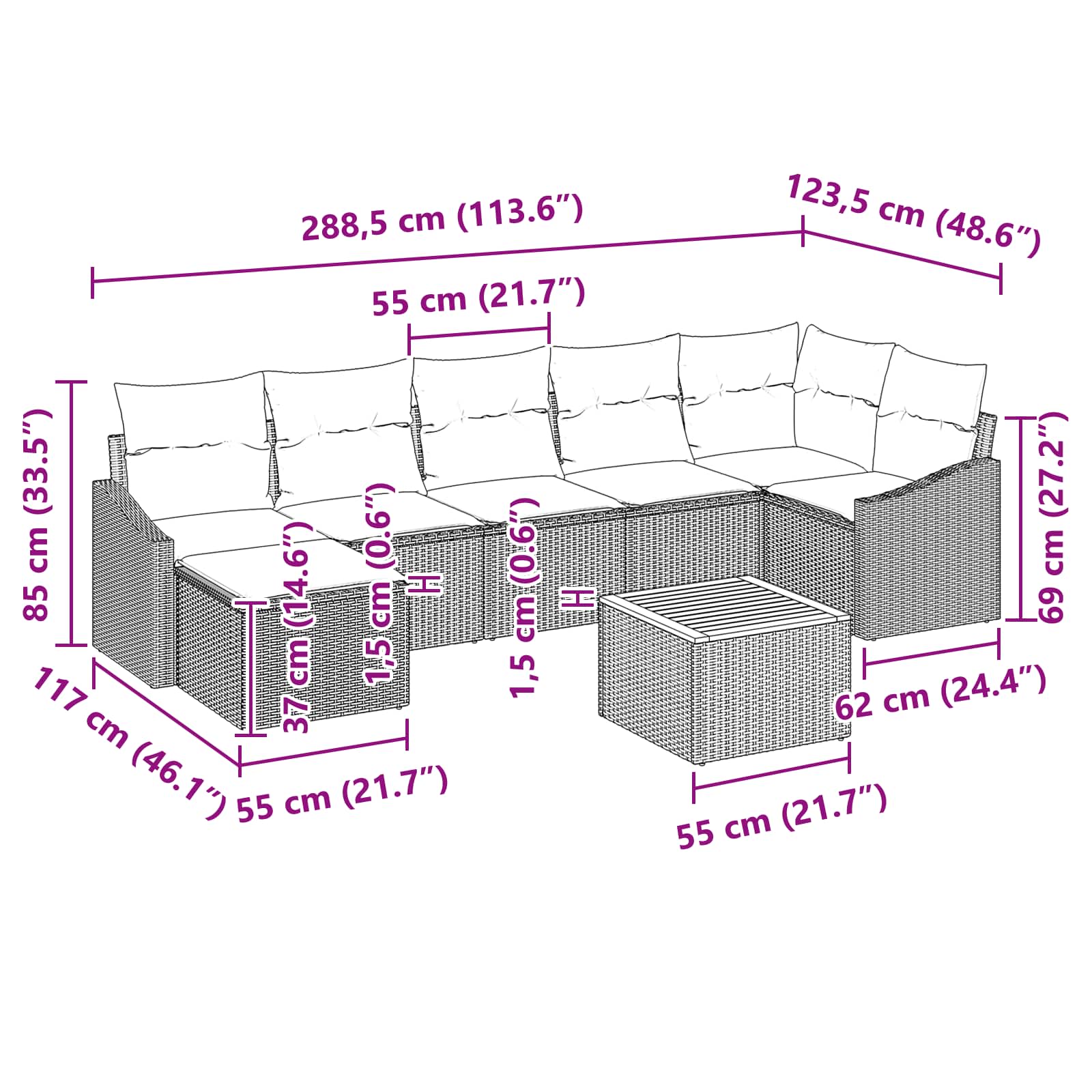 Set Divano da Giardino con cuscino 8 pcs Nero polyrattan | homemem39