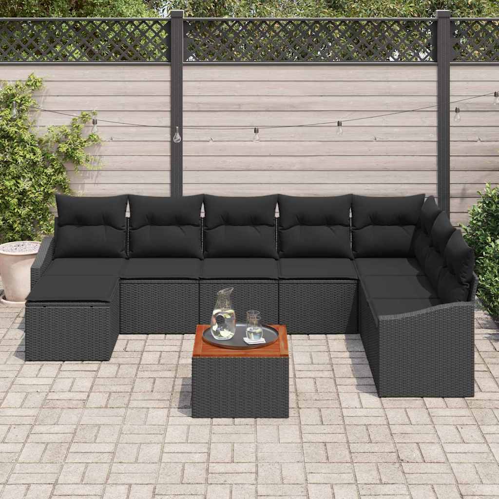 Set Divano da Giardino con cuscino 9 pcs Nero polyrattan | homemem39