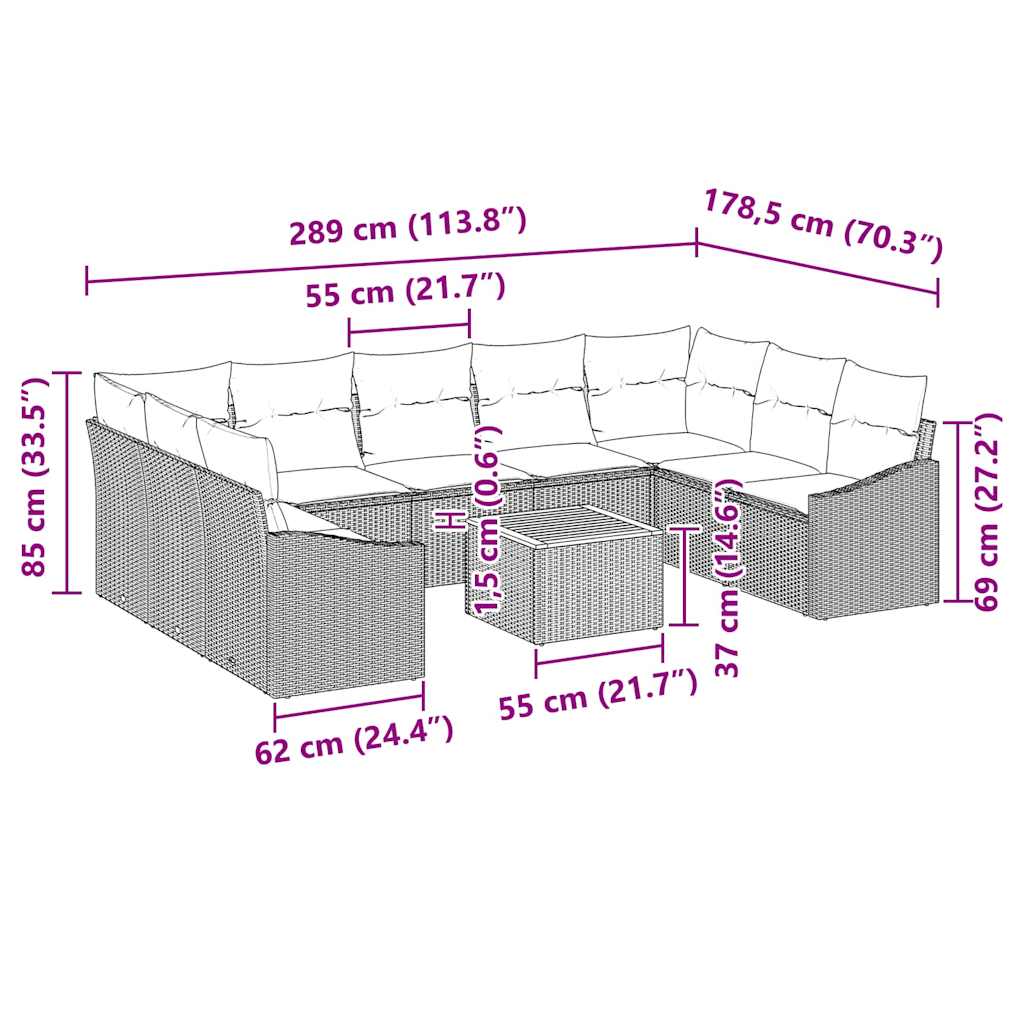 Set Divano da Giardino con cuscino 10 pcs Beige polyrattan | homemem39