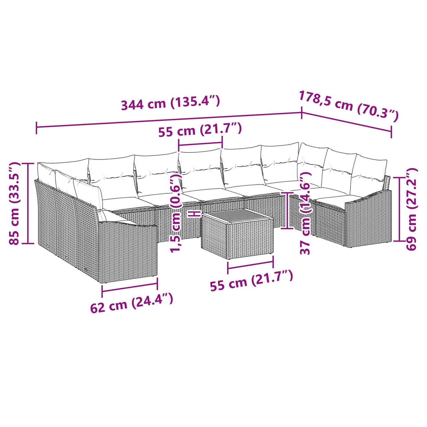 Set Divano da Giardino con cuscino 11 pcs Nero polyrattan | homemem39