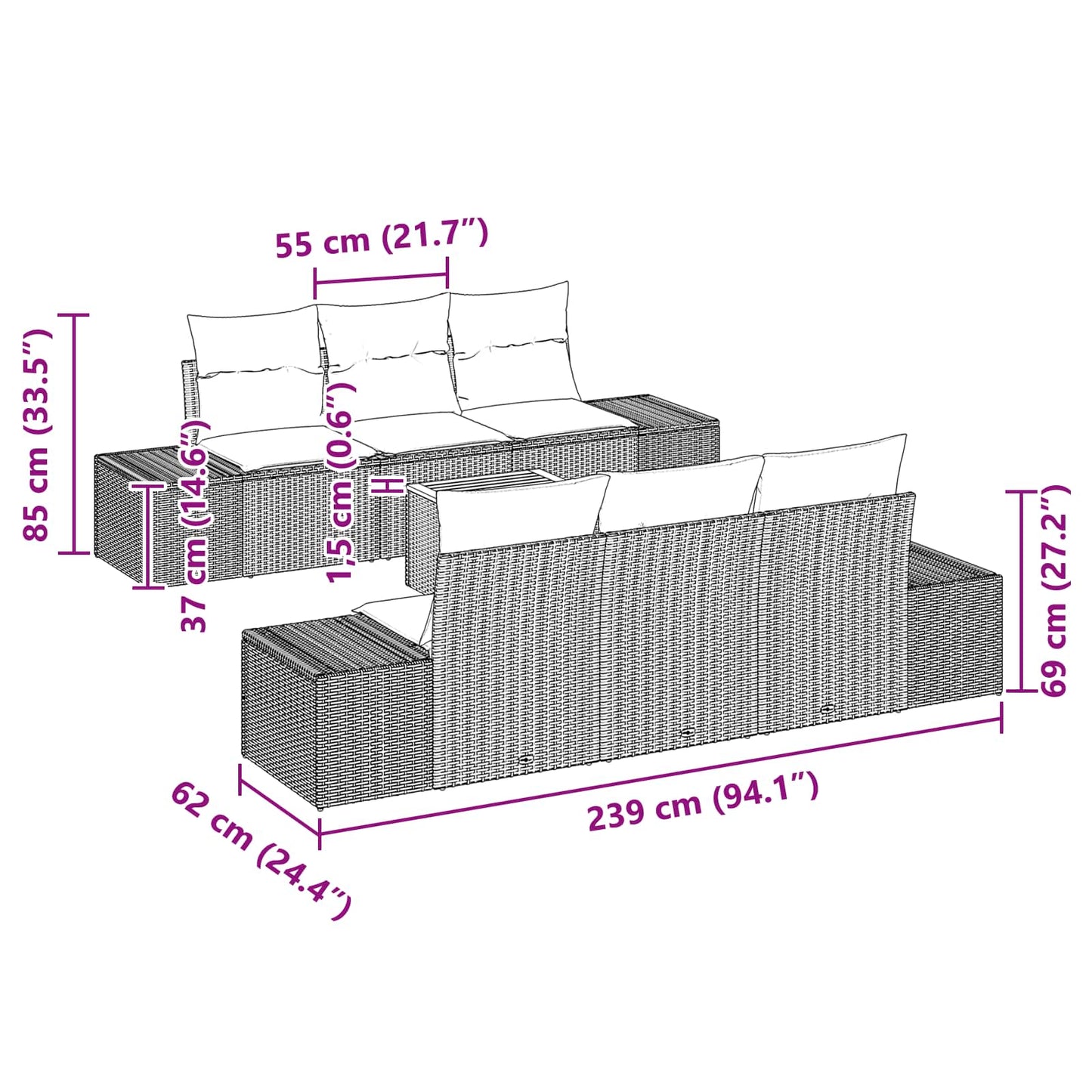 Set Divano da Giardino 7 pz Nero polyrattan | homemem39