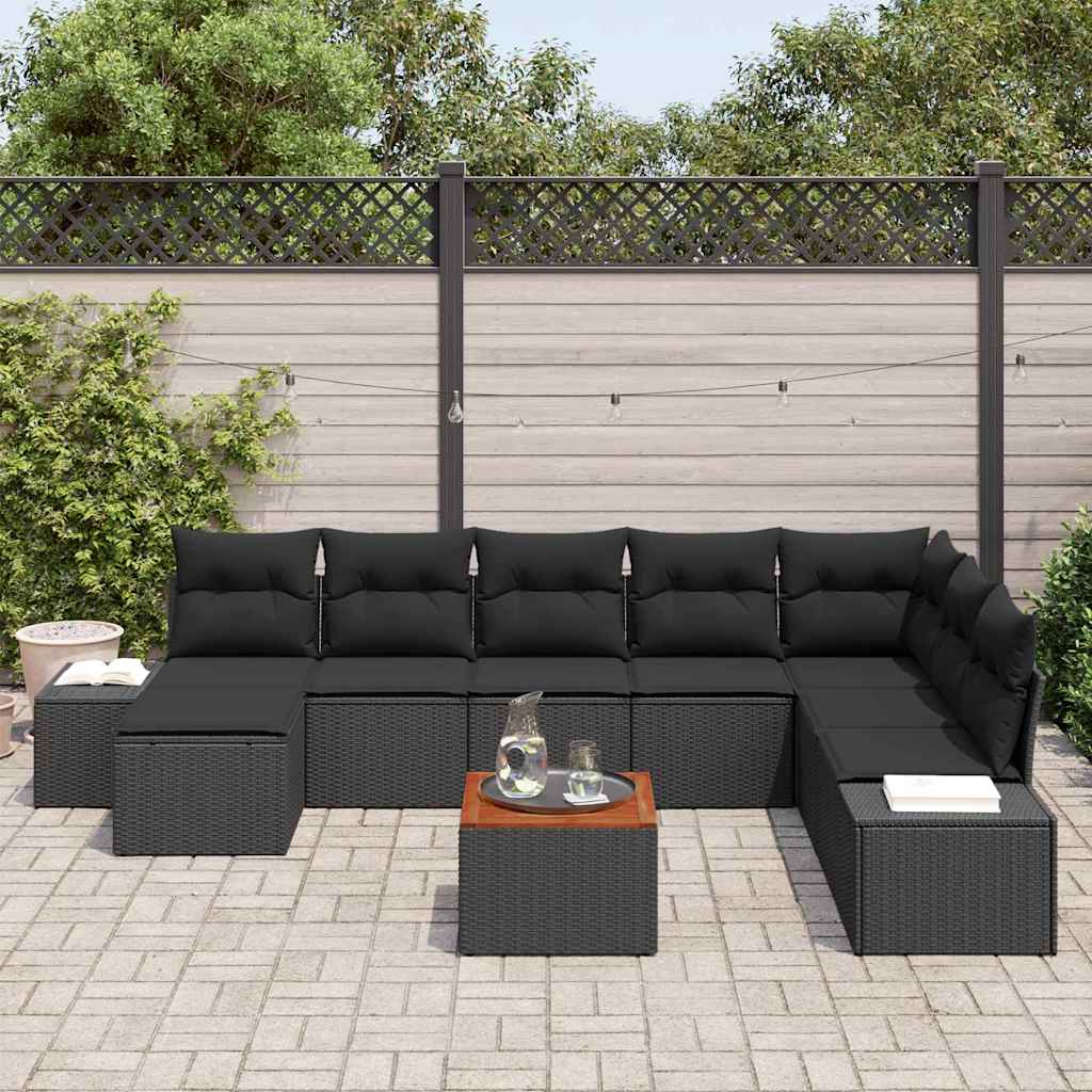 Set Divano da Giardino con cuscino 9 pcs Nero polyrattan | homemem39