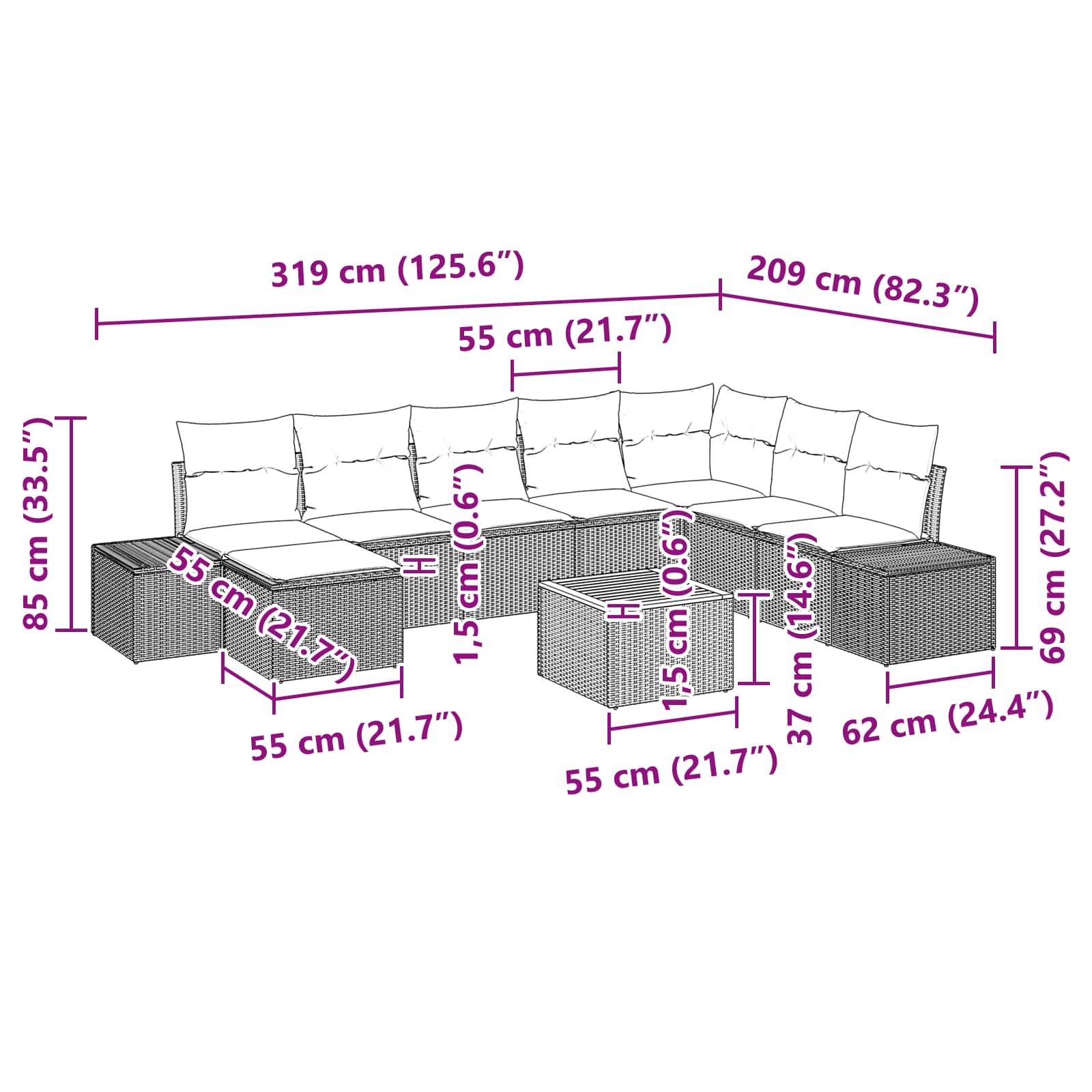 Set Divano da Giardino 9 pz Nero polyrattan | homemem39