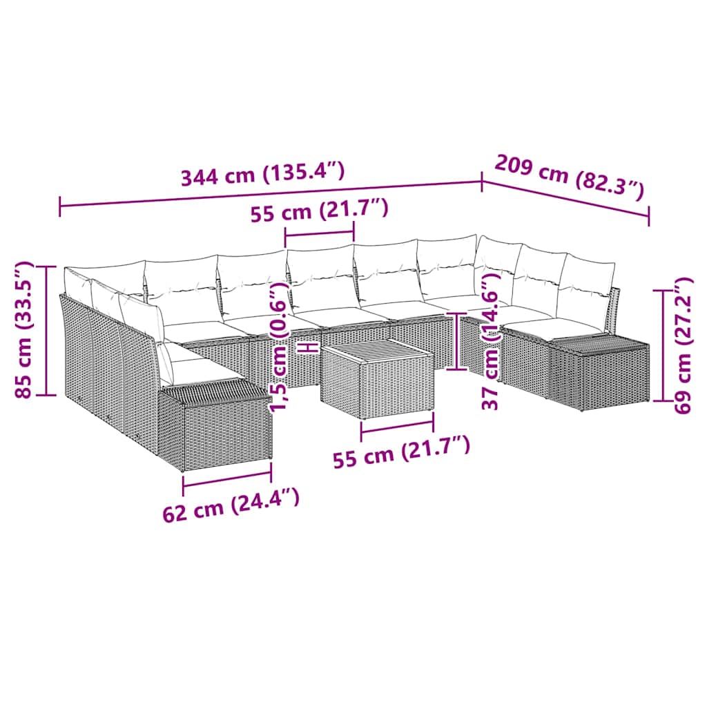 Set Divano da Giardino con cuscino 11 pcs Nero polyrattan | homemem39