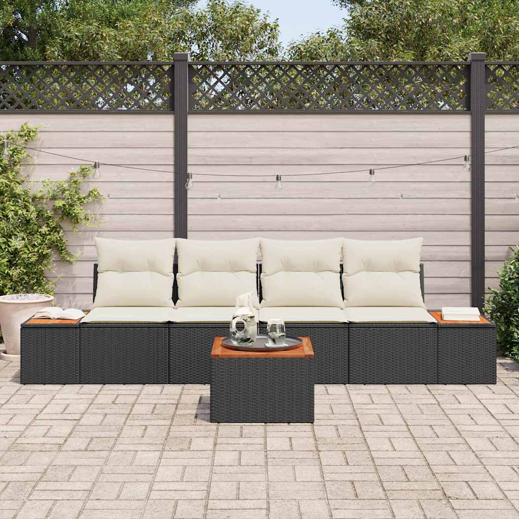 Set Divano da Giardino con cuscino 5 pcs Nero Poly Rattan | homemem39