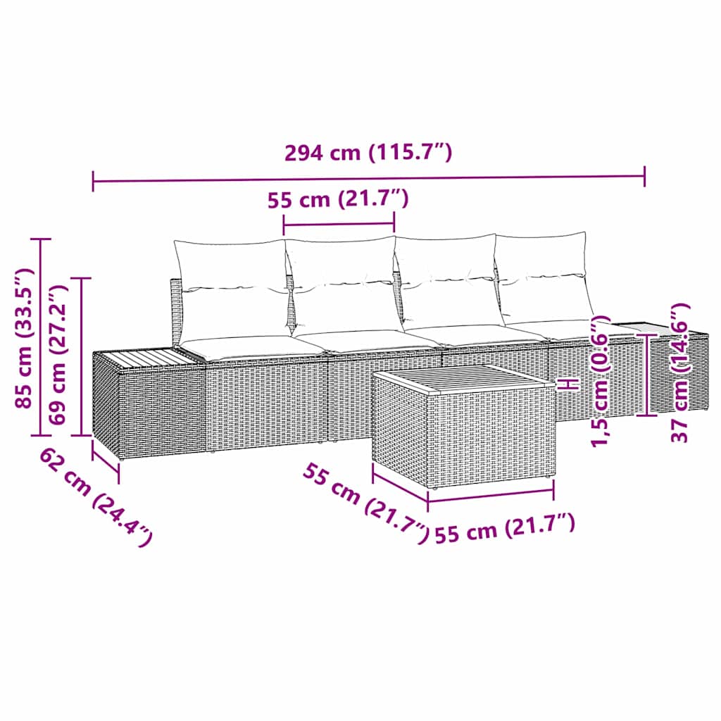 Set Divano da Giardino con cuscino 5 pcs Grigio Poly Rattan | homemem39