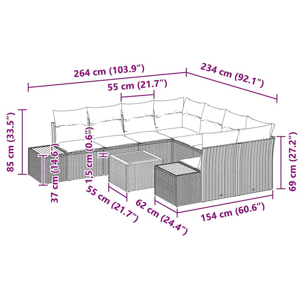 Set Divano da Giardino con cuscino 9 pcs Nero Poly Rattan | homemem39