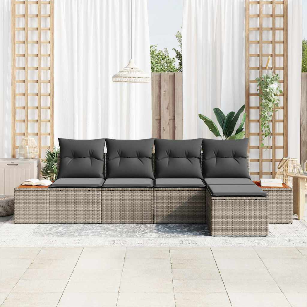 Set Divano da Giardino con cuscino 5 pcs Grigio Poly Rattan | homemem39