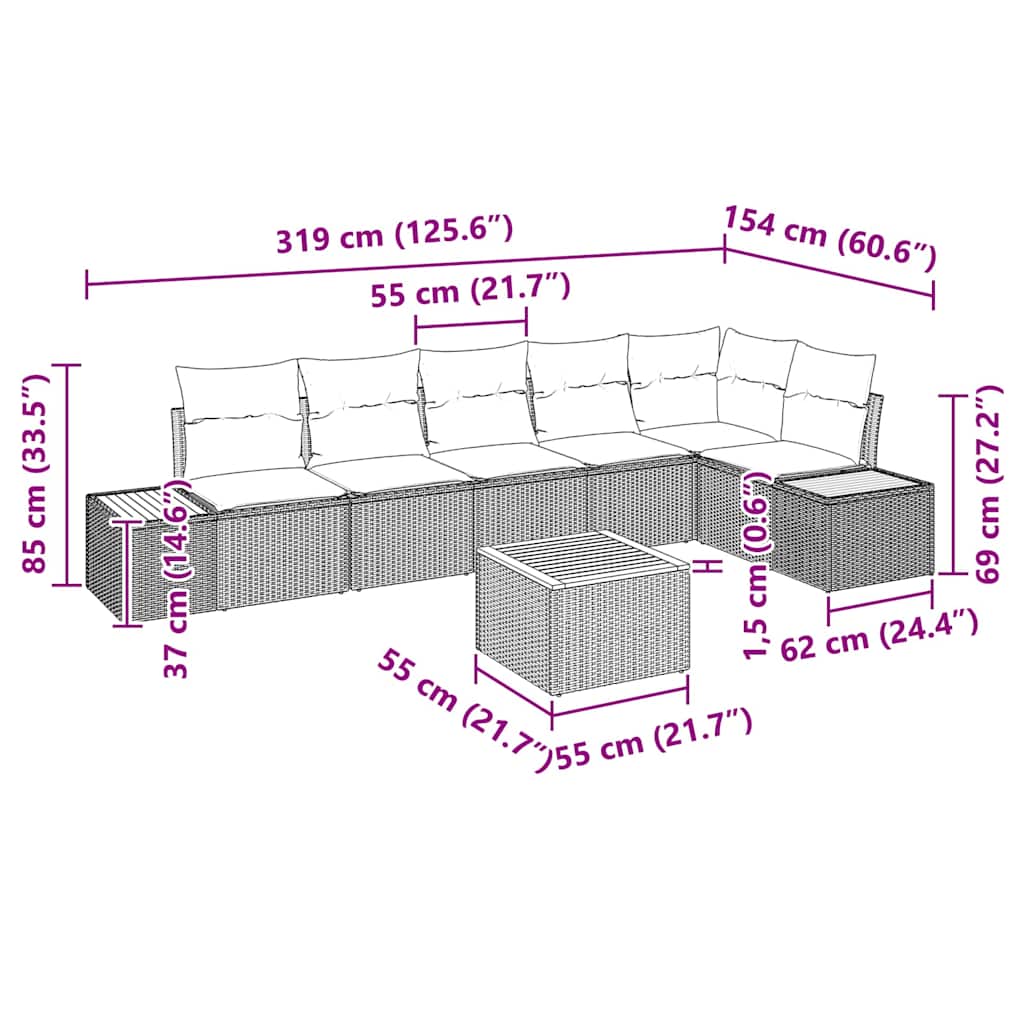 Set Divano da Giardino con cuscino 7 pcs Beige Poly Rattan | homemem39
