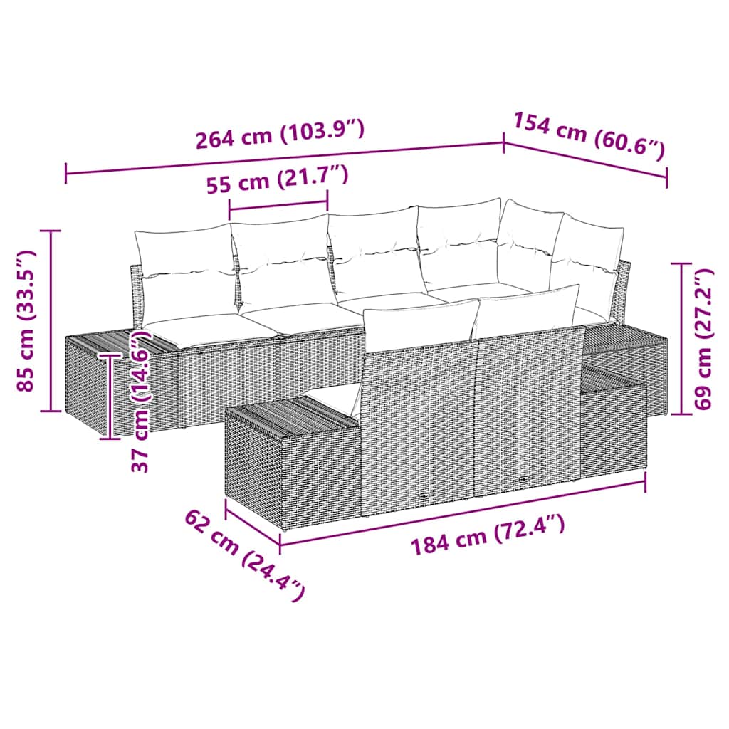 Set Divano da Giardino con cuscino 7 pcs Nero polyrattan