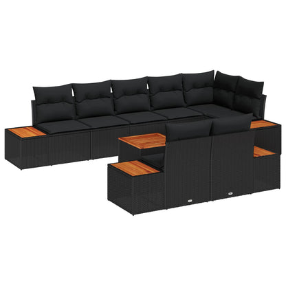 Set Divano da Giardino con cuscino 9 pcs Nero Poly Rattan