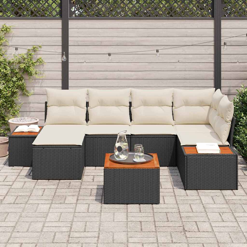 Set Divano da Giardino con cuscino 7 pcs Nero polyrattan