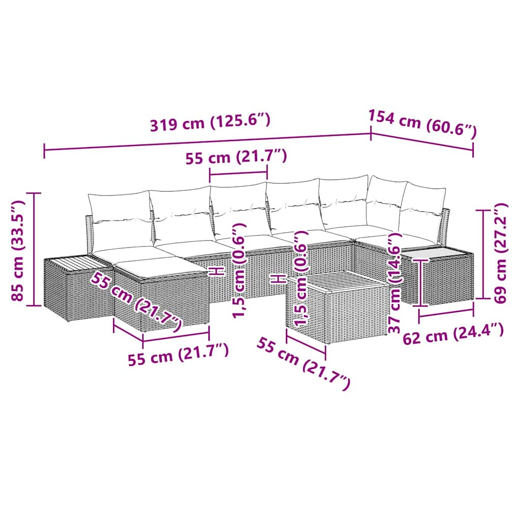 Set Divano da Giardino con cuscino 8 pcs Nero Poly Rattan | homemem39